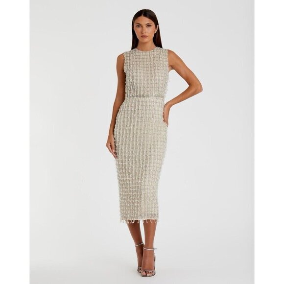 Mac Duggal Size 6 Beige 5471 Sleeveless Beaded Midi Sheath Cocktail Dress NWT - Picture 2 of 12